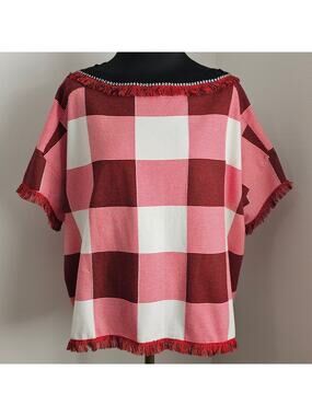 EUC MING by Ming Wang Women's Checkered Boxy Knit Fringe Top L